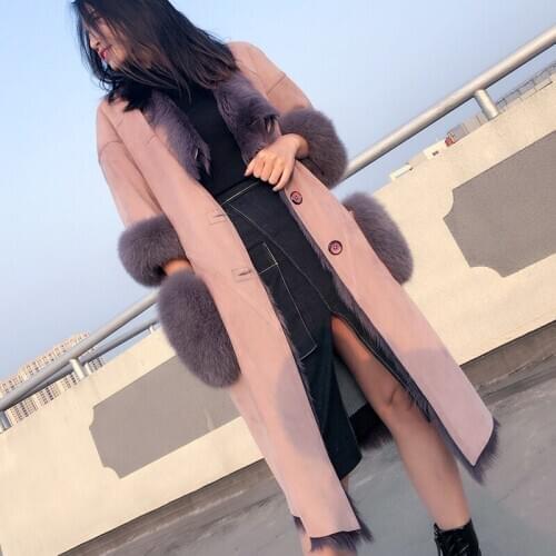 Goat Skin Coat Female Genuine Goat Fur Jacket Vintage Elegant Fox Fur Sleeves Jackets for Women Winter 2020 Abrigos Zjt1278