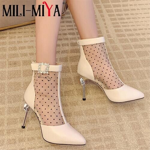 MILI-MIYA Fashion Women Cool Boots Breathable Mesh&Microfiber Thin Heels Zipper Pointed Toe Crystal Plus Size 34-43 Handmade