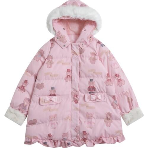 Lolita Cute Sweet Bears Winter Coat Women Outwear Mid-length Fur Hooded Jacket Thick Warm Bow Girls Christmas Kawaii Parkas