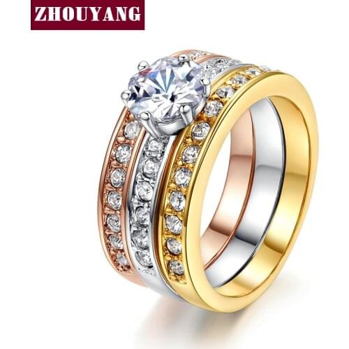 Top Quality 3pcs mix Colors Cubic Zirconia Wedding Ring set Rose Gold Color Classical Elgant Jewelry R107