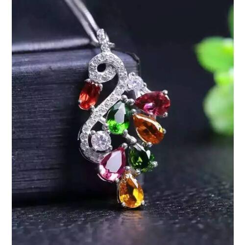 Natural peridot garnet pendant S925 silver Natural Multi-color gemstone Pendant Necklace trendy Flowers women party jewelry