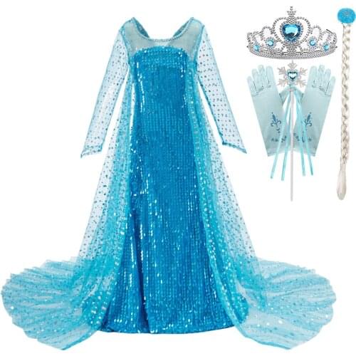 Girls Elsa Dress Kids Halloween Dress Up Costume Snow Queen Princess Dress Crown Baby Girl Birthday Party Christmas Costume