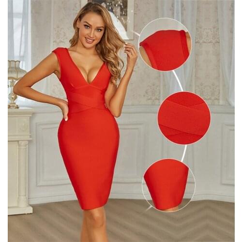 High Quality Red Sexy Tight V-Neck Woman Dress Rayon Bandage Fashion Dress High Street Winter Dress Christmas Dress