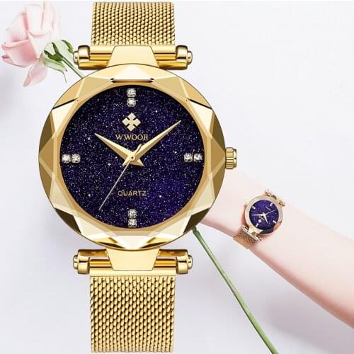 WWOOR Women Watches Luxury Brand Fashion Starry Sky Watch Ladies Diamond Gold Watch Stainless Steel Waterproof Gifts Reloj Muje