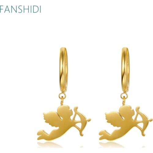 FANSHIDI Stainless Steel Eros Cupid Cute Angel Earring For Women 18K Gold Plated Exquisite Jewelry