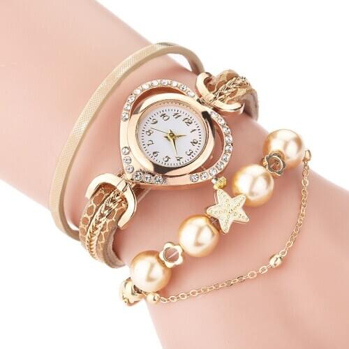 Women Vintage Shining Pearl Bracelet Dial Round Watch Female High Quality Analog Quartz Rhinestone Wrist Watches Relogio