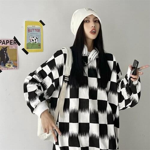 Lady O Neck Long Sleeve Contrast Color Sweatshirts Black White Plaid Girl Loose Harajuku Pullover Sweatshirt Autumn Street Top