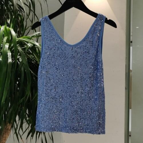 H80&S90 New European Fashion Vest Chic Sexy V-Neck Shiny Beaded Women Crop Tank Tops Sleeveless Sequin Solid Bottom Shirt Vest