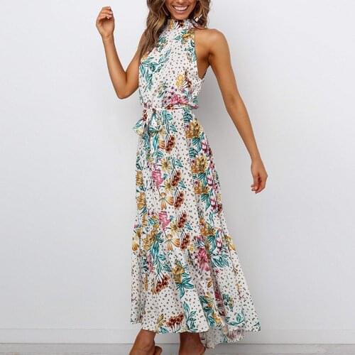 Summer 2021 Women Bohemian Long Dress Sleeveless Floral Printing Woman Dress O-neck Spaghetti Strap Beach Styles Dress With Belt