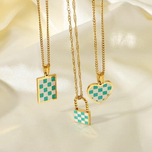 Enamel Blue White Checkerboard Grid Lock Heart Pendant Necklace For Women 18K Gold Plated Stainless Steel Choker Necklace