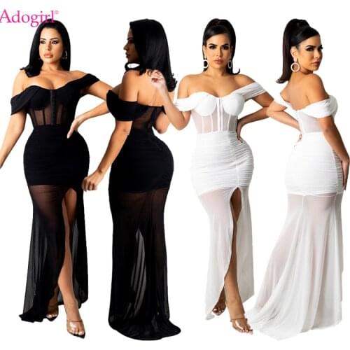 Adogirl Sheer Mesh Patchwork Corset Dress Women Sexy Off Shoulder High Split Pleated Maxi Evening Party Robe Long Vestidos