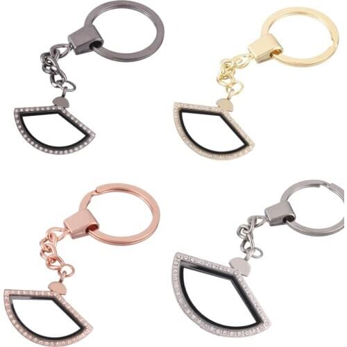 1pcs Fan shape with Rhinestone Floating charms Alloy Locket Keychain DIY Magnetic twist living memory Glass locket Key ring