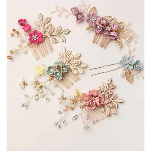 1PC Hot Fashion Luxury Blue Flower Hair Combs Headdress Prom Bridal Wedding Hair Accessories Gold Leaves Hair Jewelry Hair Pins