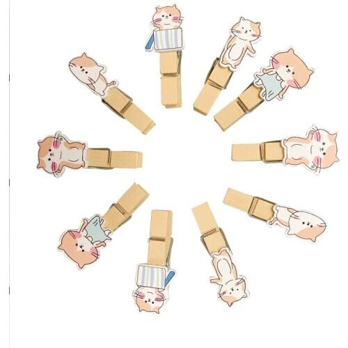 10pcs Kawaii Kitten Cat Wooden Clip Photo paper Clothespin Craft Clips Party Decoration Clip with Hemp Rope