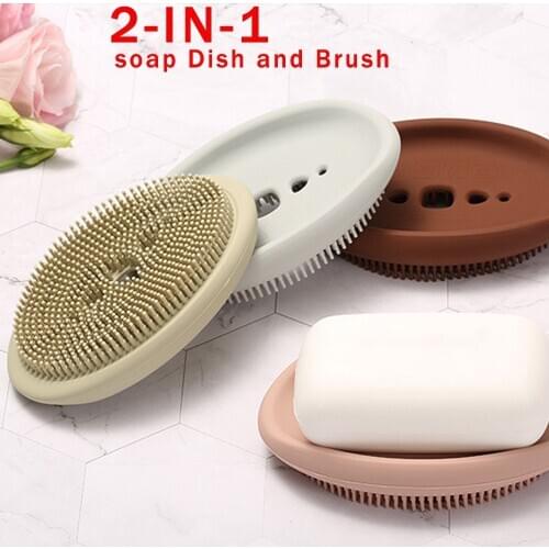2-In-1 Soap Dish Silicone Soap Box Holder For Bathroom Toilet Kitchen Flexible Storage Drain Rack Tray With Brush Multipurpose