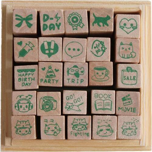 25pcs/Box Funny Wooden Rubber Love Diary Happy Life Butterfly Heart Baby DIY Stamp For Decor Scrapbooking