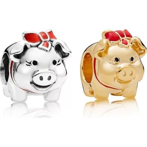 925 Sterling Silver Animal Beads Gold Pig Enamel Bow Piggy Bank Charm Fit pan Bracelet For Women DIY Jewelry Making