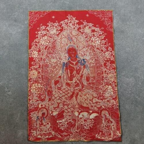 Home Decor 35" Thangka embroidery Tibetan Buddhism silk embroidery brocade Nepal Red Tara Bodhisattva Buddha Statue Thangkas