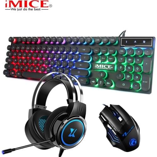 Gaming Combos 3 in 1 104 Keys Round Retro Keycaps Wired USB Keyboard with 2400DPI Mice USB Mouse Earphone Microphone for Desktop