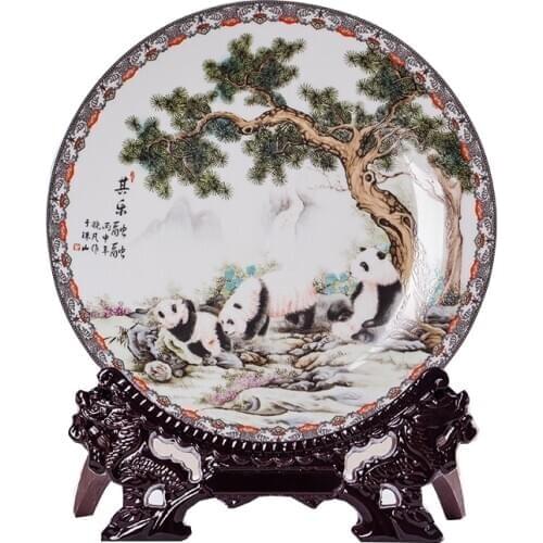 Jingdezhen Ceramics Panda Painting Decoration Plate Flower Plate Hanging Plate Modern Home Decoration Crafts Arrangement