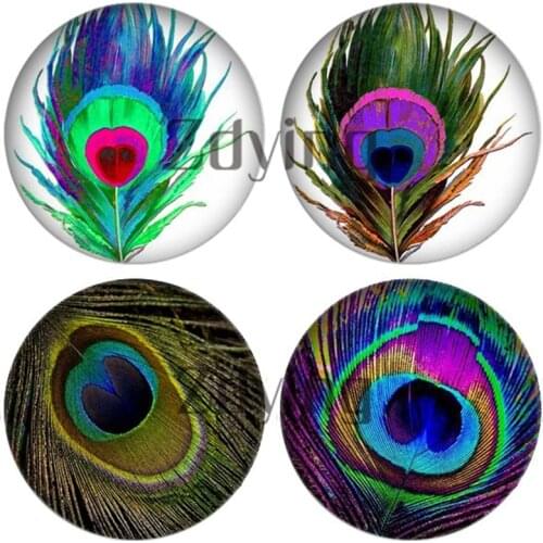 Zdying 10pcs/lot Round Glass Cabochon Animal Peacock Feather Glass Dome Beads DIY Jewelry Findings For Earrings Brooch Keychain