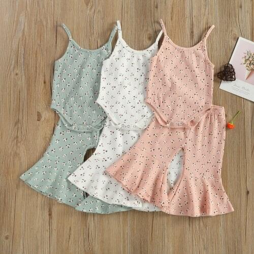 Fashion Summer Toddler Baby Girls Casual Clothes Set Floral Print 2pcs Sleeveless Romper+Flared Bell-Bottoms Trousers Suit