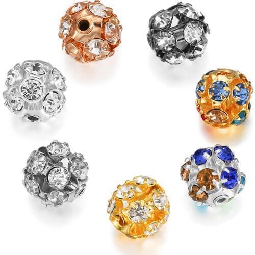 30Pcs/Lot Plated Glass Fashion Rhinestone Ball Bead Imitate Crystal Spacer Loose Beads Bracelet for DIY Jewelry Making Supplies