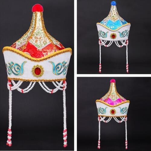 Mongolian costume accessories women red mongolian hat beautiful mongolian stage dance cap princess cosplay head wear