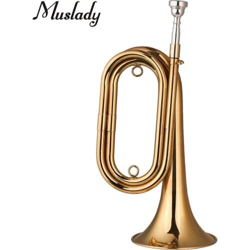 Muslady 13.5 Inch Brass Bugle Call Gold-Plated Trumpet Cavalry Horn with Mouthpiece Carrying Bag Musical Instrument for Beginner