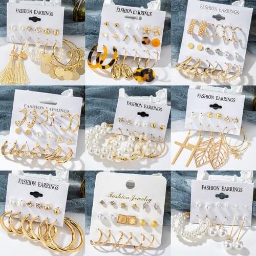 Card Set Ladies Earrings For Women Bohemian Tassel Fashion Earrings Set Acrylic Pearl Hoop Earrings 2021 Geometric Earrings
