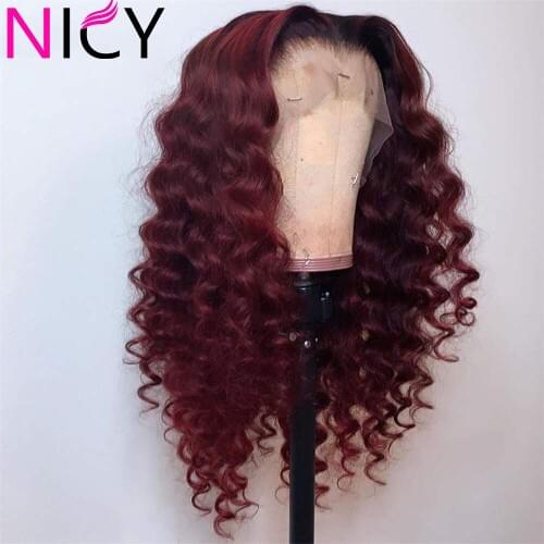 Nicy Curly Red Human Hair Wig T Part Lace Front Wigs Brazilian Remy Pre Plucked 150% Lace Frontal Human Hair Wigs For Black Wome