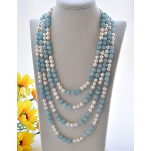 P7304 50"-100" 8mm White Round Pearl Aquamarine Jade Necklace