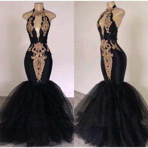 Real Sample Black Mermaid Prom Dresses 2021 Deep V-neck Halter Gold Sequin Top African Black Girl Long Prom Dress