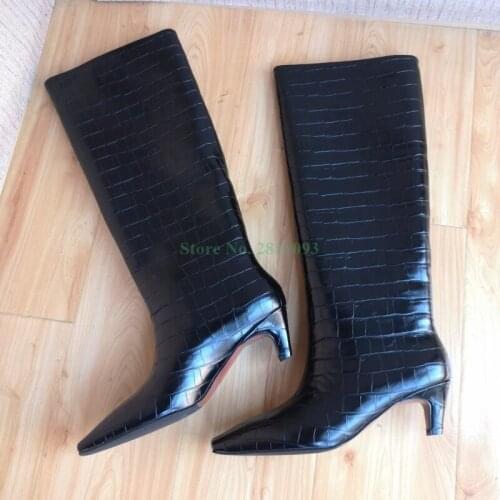 European Low Heel Knight long boots square Toe stone grain knee High Sip On Brown Black Patent Leather Winter Women Boots