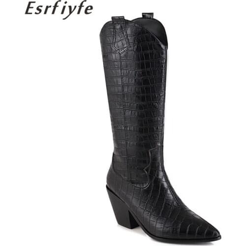ESRFIYFE Womens Western Knee High Boots Women Pointed Toe Boots Women Long Chunky Block High Heel Boots Western Cowboy Boots