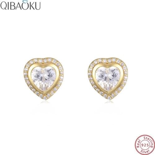 Real 925 Sterling Silver Stud Earrings Hearts Shaped Earrings with Stones Zircon 5mm Shiny Ear Jewelry for Women Gift