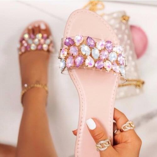 Candy-colored womens rhinestone gemstone slippers outdoor wild casual flat non-slip sandals spring/summer new 2021 flip flop MS