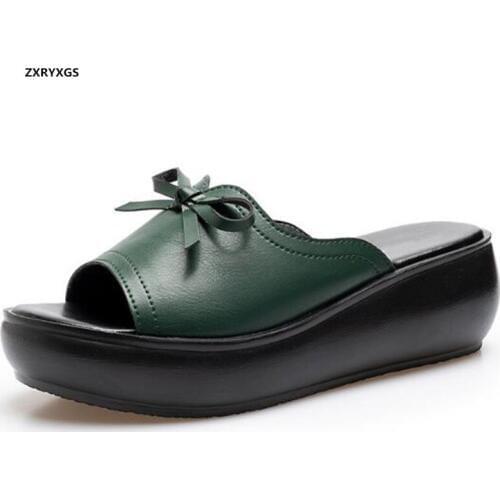 New Summer Bow 100% Full Genuine Leather Slippers Women Sandals 2020 Light Platform Wedges Slippers Comfortable Shoes Sandals