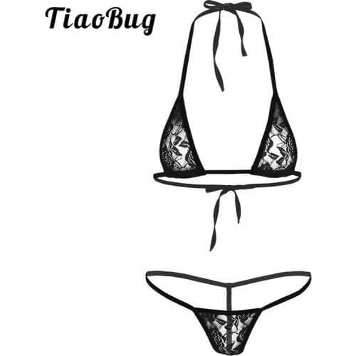 TiaoBug Women Swimsuit Floral Lace See Through Micro Bikini Set Sheer Lingerie Halter Bra with G-String Panties Sexy Underwear