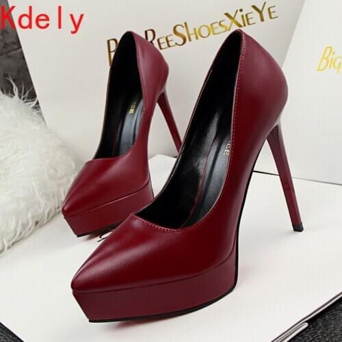 Concise Platform Pointed Toe Women Pumps 2021 New Fashion PU Leather Shallow High Heels Shoes Womens Office Shoes Party Shoes