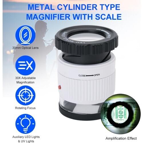 LED Scale Loupe 30X Magnifier Metal Cylinder Type Mirror with Scale Reading Mirror Jewelry Magnifier with 3 LED Light 3 UV Light