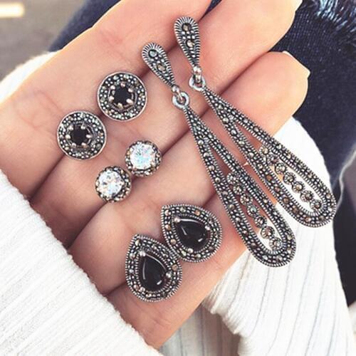 Vintage 4 Pairs/Set Women Crystal Bohemian Earring Black Stud Earrings for Women Boucle D'oreille Jewelry Opal Brincos Wholesale