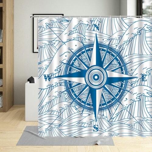 Compass Decor Bathroom Curtains Nautical Retro Shower Curtain Set White Waterproof Bathtub Screens Art Poster Decor With Hooks