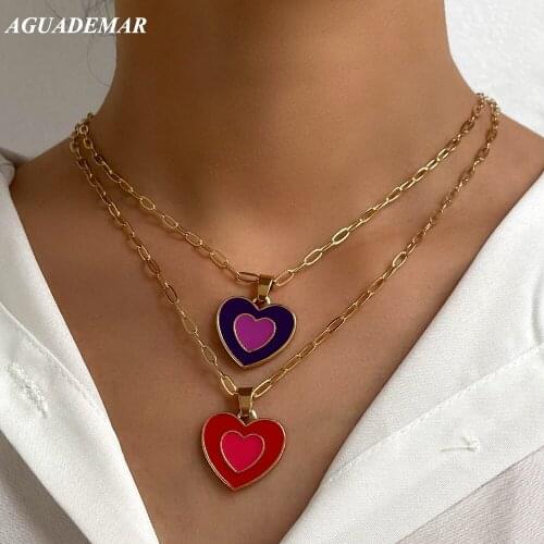 Trendy Enamel Dripping Oil Heart Pendant Chain Necklace For Women Girl Glazed Double Layer Heart Clavicle Chain 2021 New Jewelry