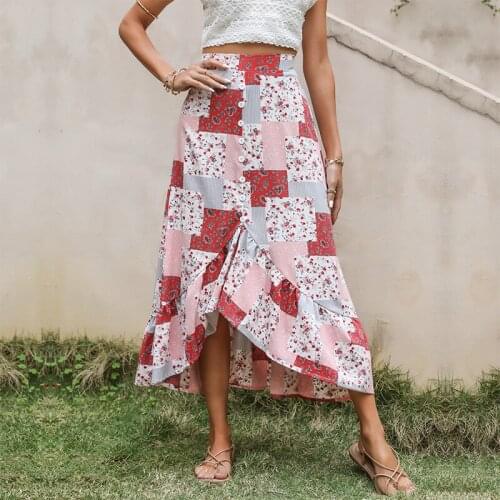 2021 New Elegant Summer Women Chiffon Skirt Print Asymmetrical Skirt High Waist Ladies Casual Irregular Long Skirt