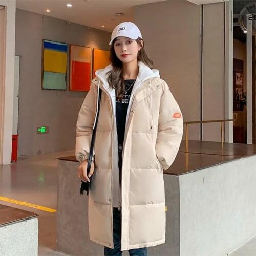 2021 Winter Down Padded Jacket Women New Student Loose Mid-Length Over The Knee Long Tooling Cotton Coat Female Parkas