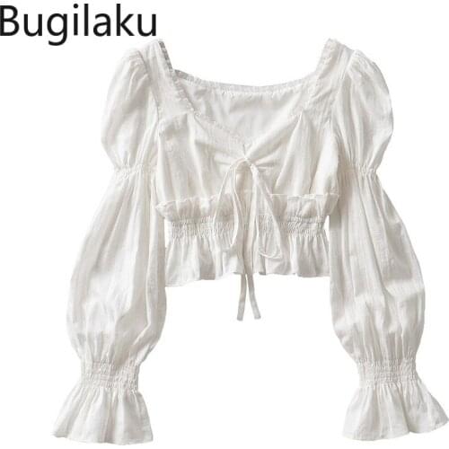 Bugilaku High Street Lantern Sleeve Shirts Women Solid Color Drawstring Square Collar White Blouse Vintage Cropped Tops Female