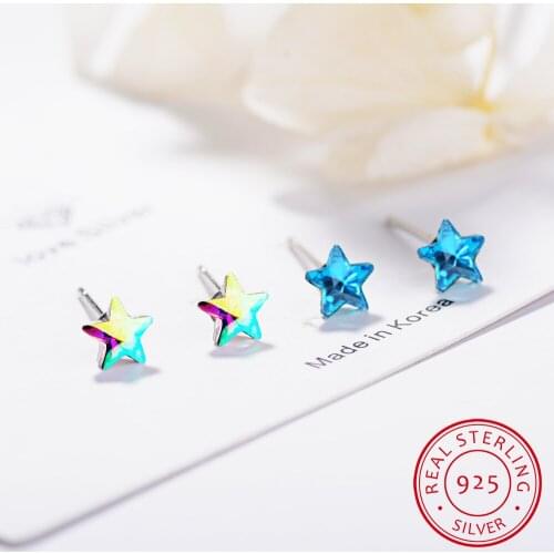 Cute Little Blue Artificial Crystal Star 925 Sterling Silver Earrings For Women S-E730