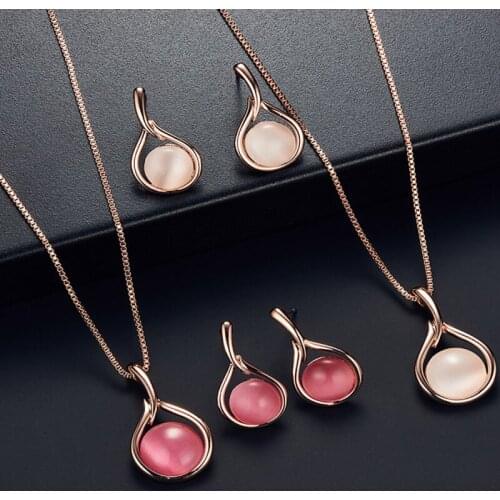 Elegant Round Opal Stone Pendant Jewelry Sets For Women Fashion Long Necklace Drop Earrings Accessories Bridal Wedding Gift