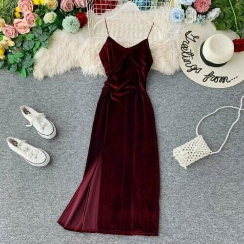 Women Velvet Dress Strappy Sexy Retro Slim Long Slit Prom Evening Frill Burgundy Black Pink Blue Split Skinny Dress 914-A604